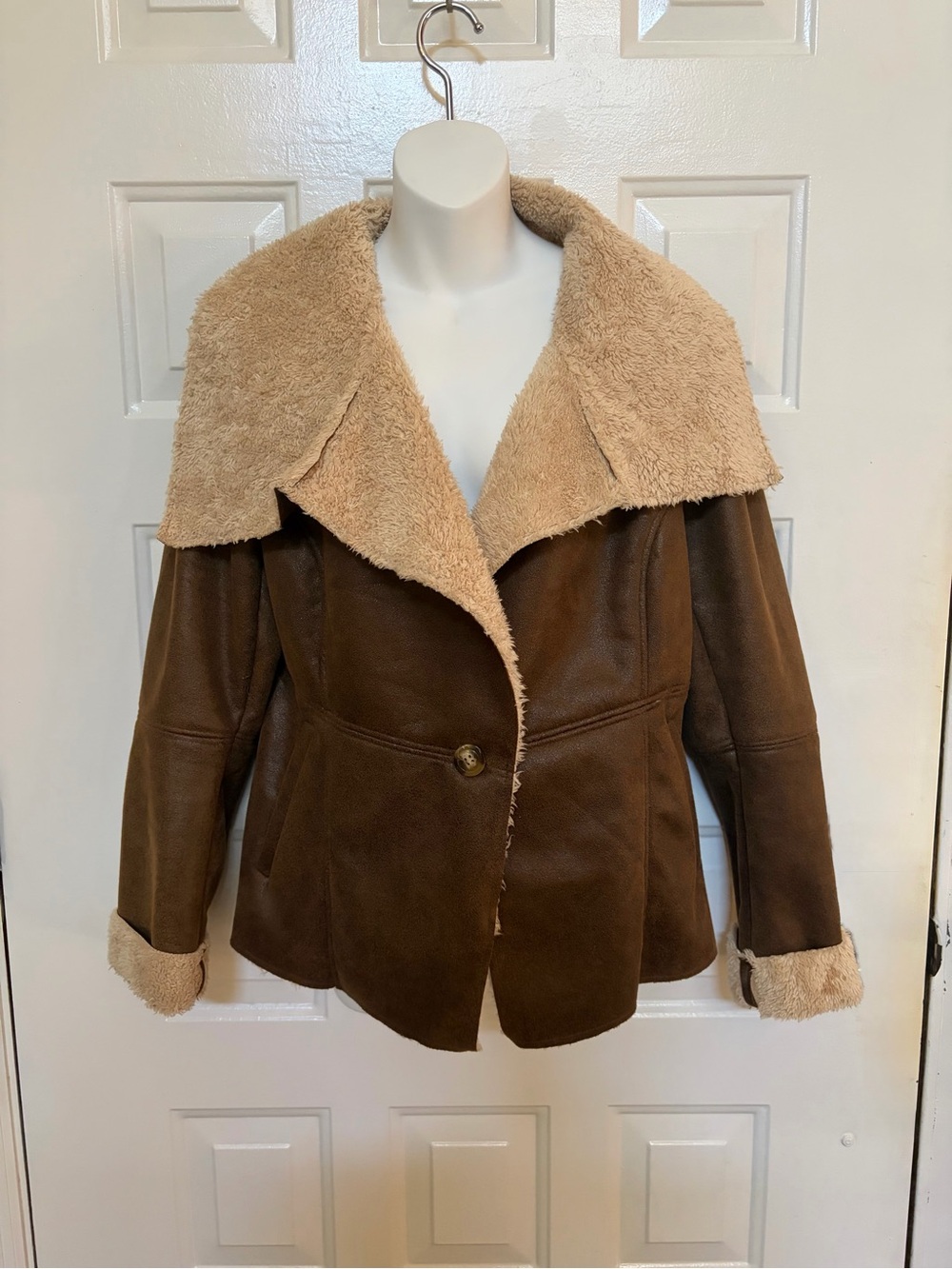 Miss London Jacket Womens L Lined Brown Faux Leather Black Label Sherpa Collar